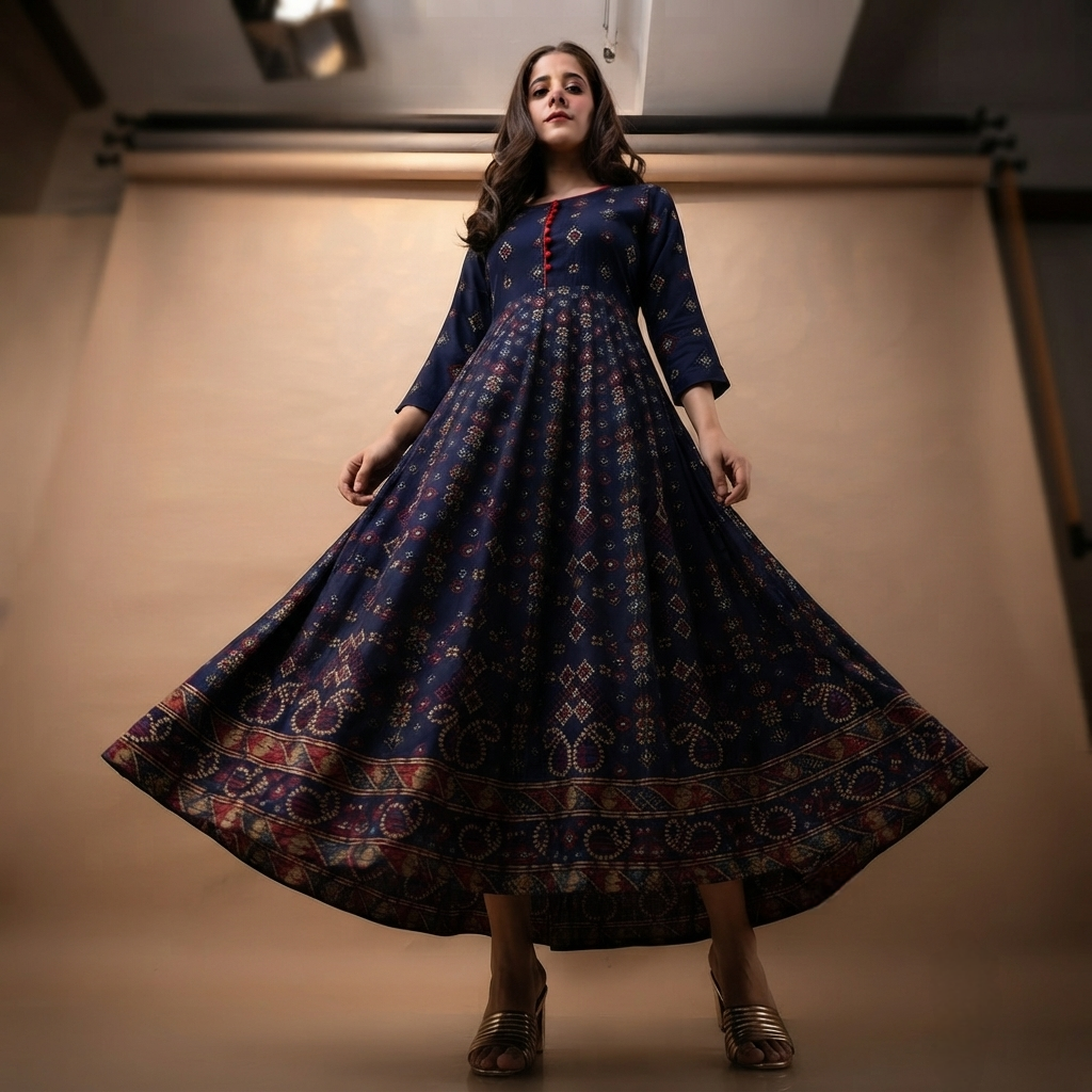 Women's Printed Anarkali Kurti with Jari Work| 3/4 Sleeve