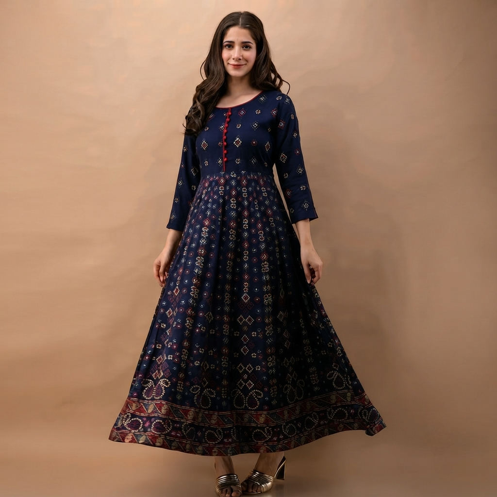 Women's Printed Anarkali Kurti with Jari Work| 3/4 Sleeve