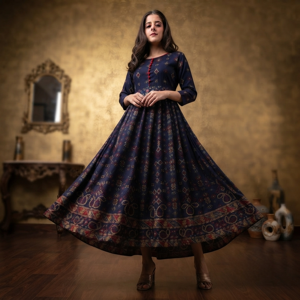 Women's Printed Anarkali Kurti with Jari Work| 3/4 Sleeve