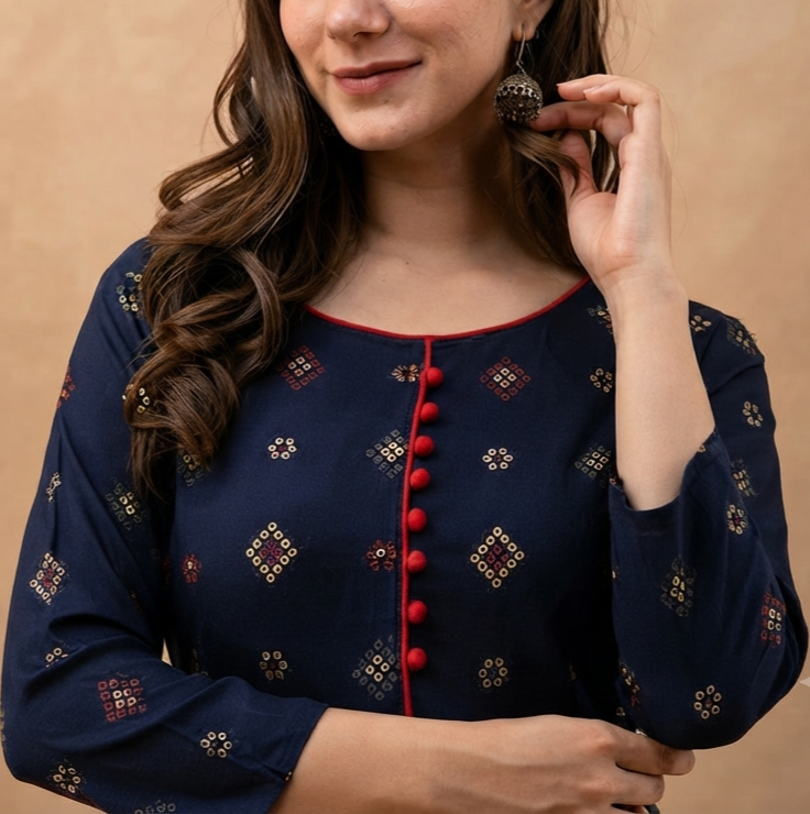 Women's Printed Anarkali Kurti with Jari Work| 3/4 Sleeve