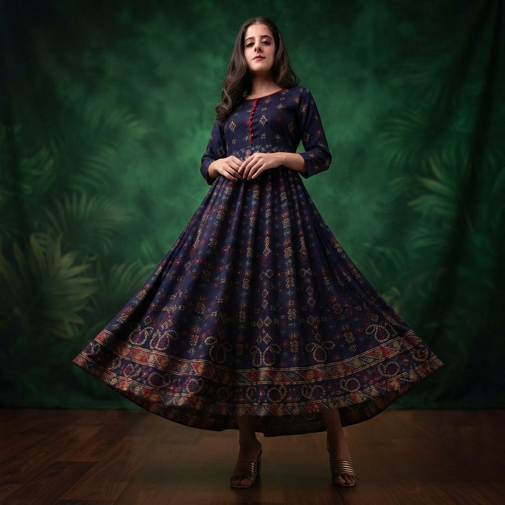 Women's Printed Anarkali Kurti with Jari Work| 3/4 Sleeve